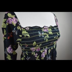 Floral Long-sleeve Off the Shoulder Cotton Blouse